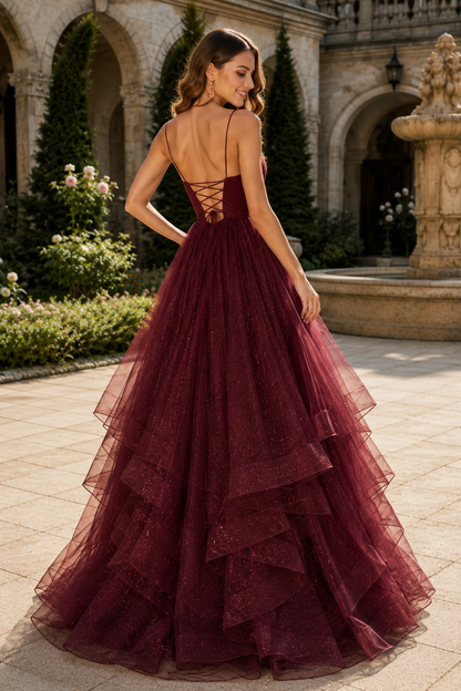 Arisette A Line V Neck Floor Length Tulle Prom Dress- Style in Burgundy - back view
