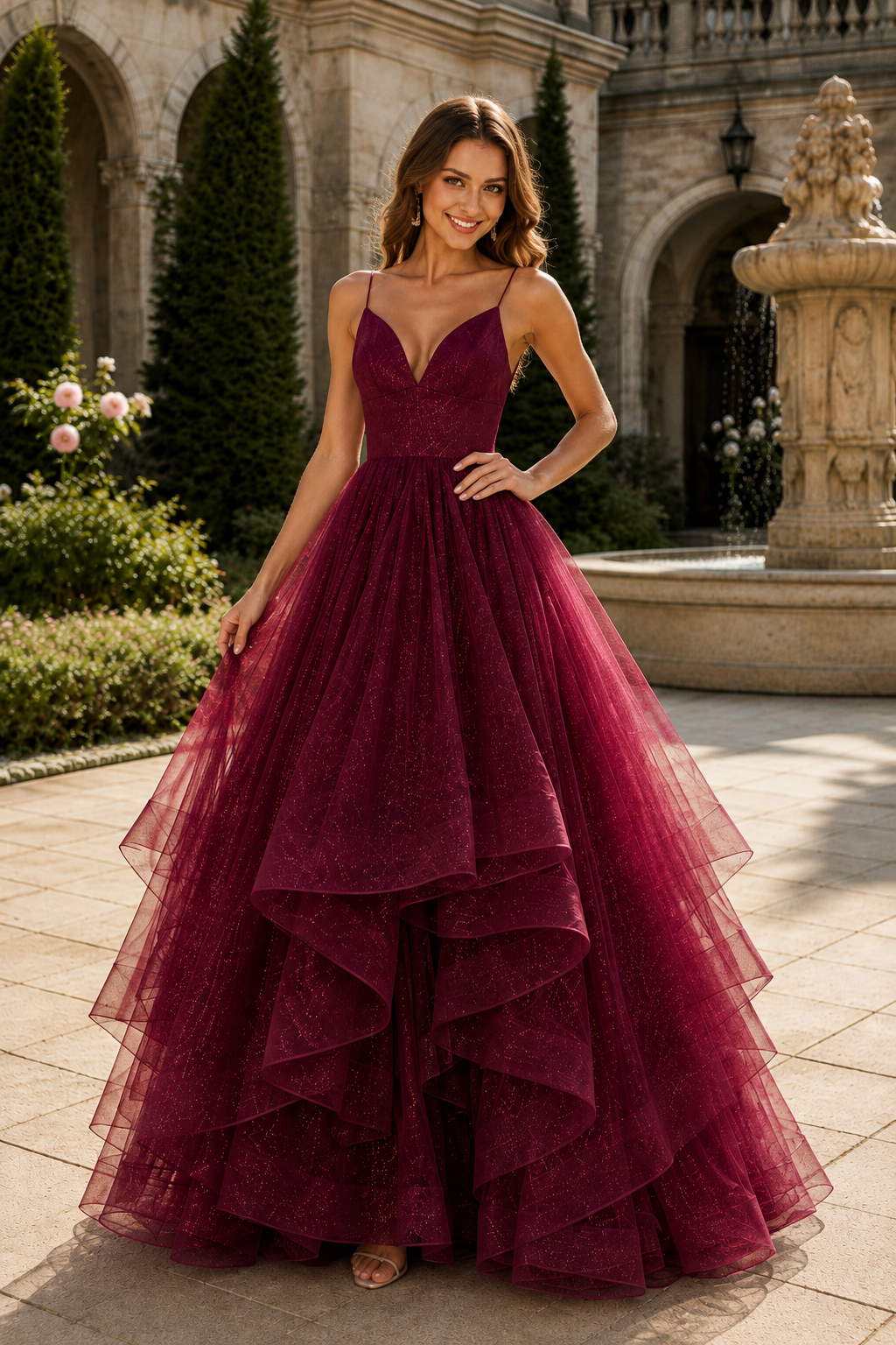 Arisette A Line V Neck Floor Length Tulle Prom Dress- Style in Burgundy - front view