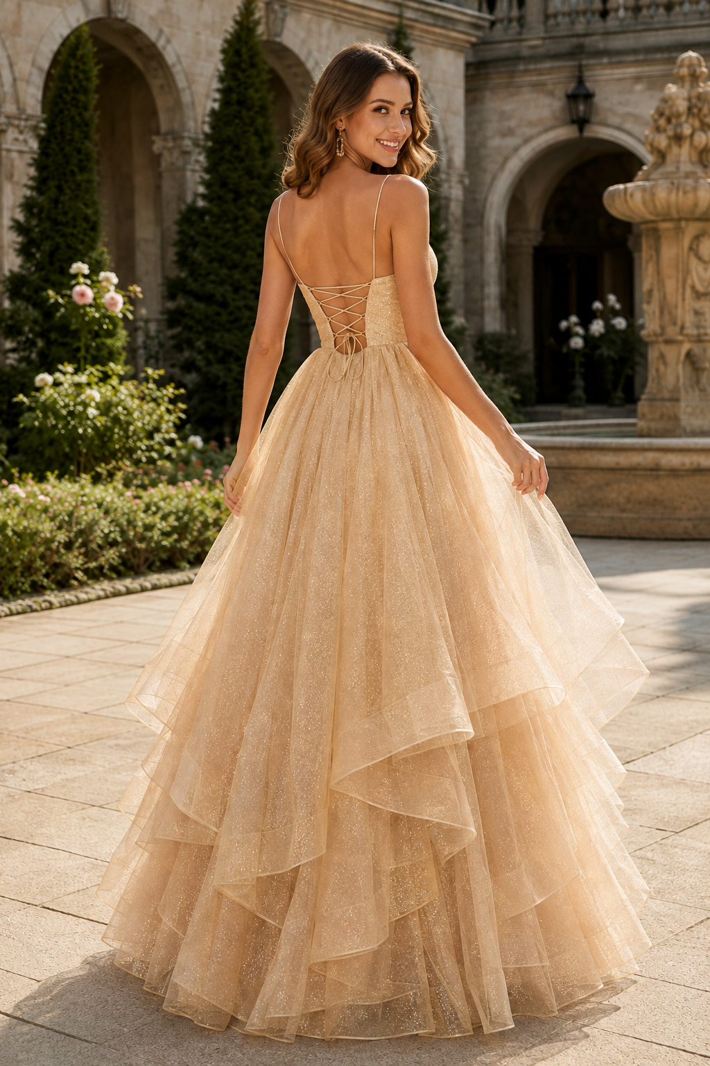 Arisette A Line V Neck Floor Length Tulle Prom Dress- Style in Champagne - back view