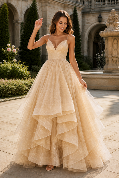Arisette A Line V Neck Floor Length Tulle Prom Dress- Style in Champagne - front view