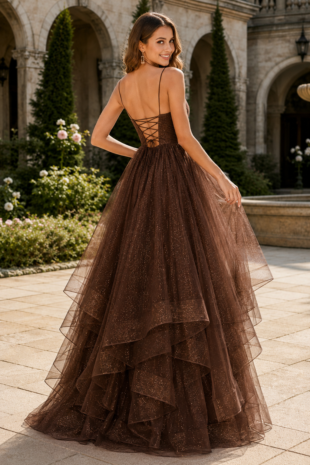 Arisette A Line V Neck Floor Length Tulle Prom Dress- Style in Chocolate Brown - back view