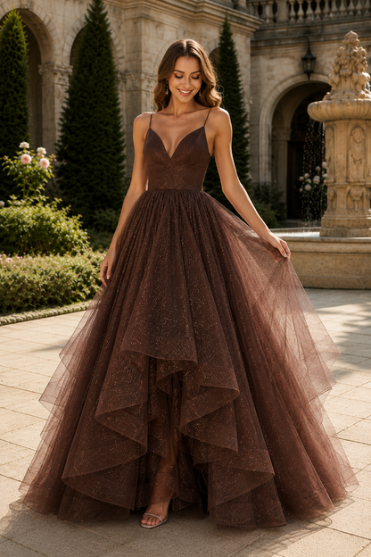 Arisette A Line V Neck Floor Length Tulle Prom Dress- Style in Chocolate Brown - front view