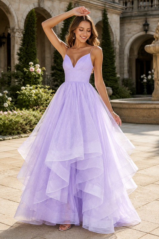 Arisette A Line V Neck Floor Length Tulle Prom Dress- Style - front view