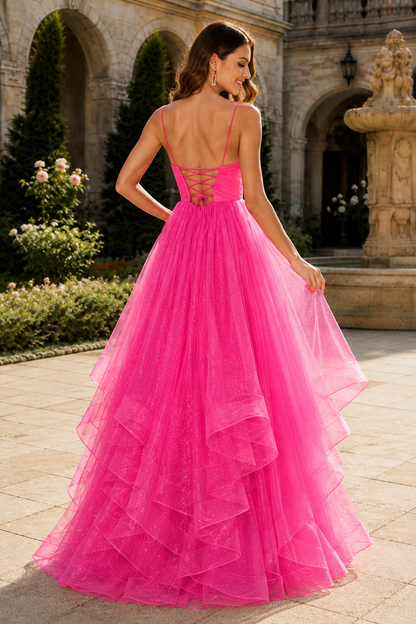 Arisette A Line V Neck Floor Length Tulle Prom Dress- Style in Fuchsia - back view