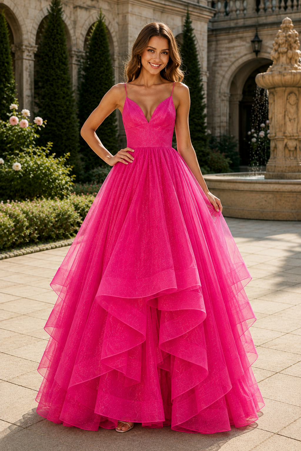 Arisette A Line V Neck Floor Length Tulle Prom Dress- Style in Fuchsia - front view