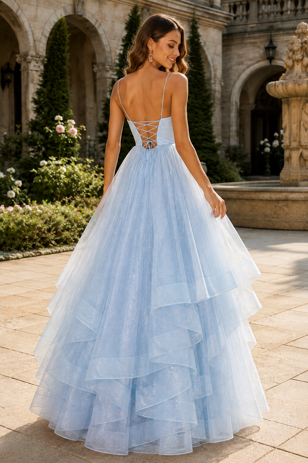 Arisette A Line V Neck Floor Length Tulle Prom Dress- Style in Light Blue - back view