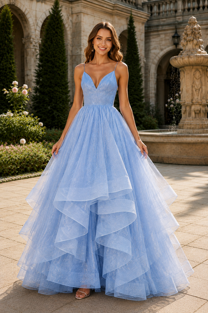 Arisette A Line V Neck Floor Length Tulle Prom Dress- Style in Light Blue - front view