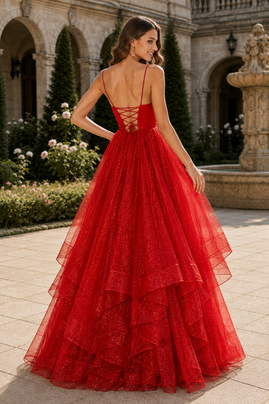 Arisette A Line V Neck Floor Length Tulle Prom Dress- Style in Red - back view
