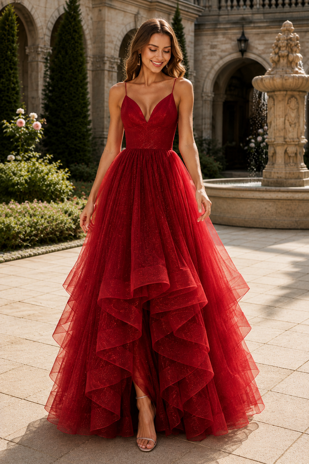 Arisette A Line V Neck Floor Length Tulle Prom Dress- Style in Red - front view