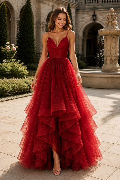 Arisette A Line V Neck Floor Length Tulle Prom Dress- Style in Red - front view