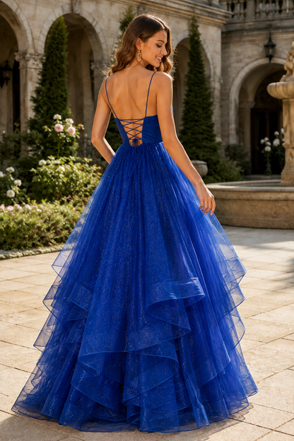 Arisette A Line V Neck Floor Length Tulle Prom Dress- Style in Royal Blue - back view