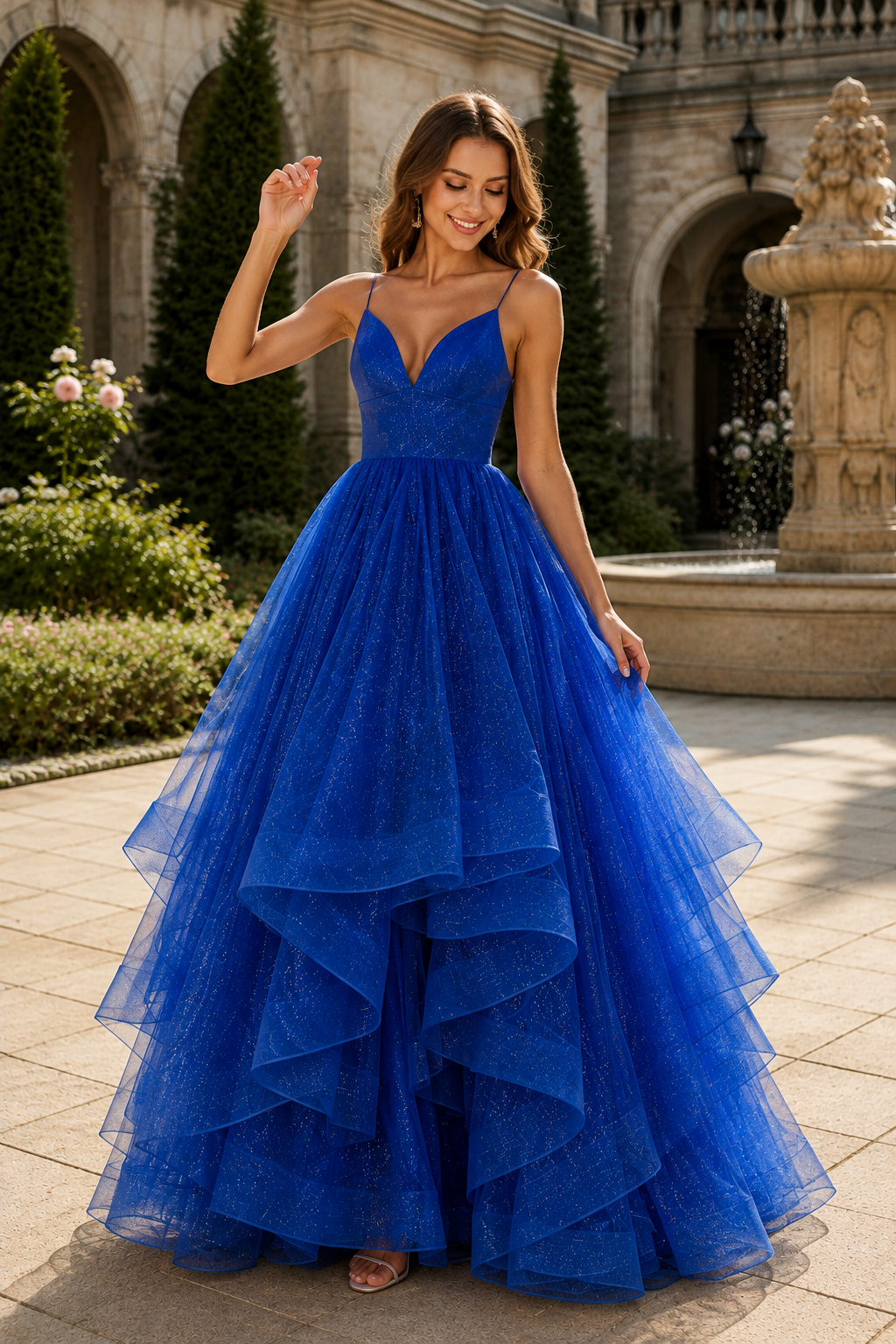 Arisette A Line V Neck Floor Length Tulle Prom Dress- Style in Royal Blue - front view