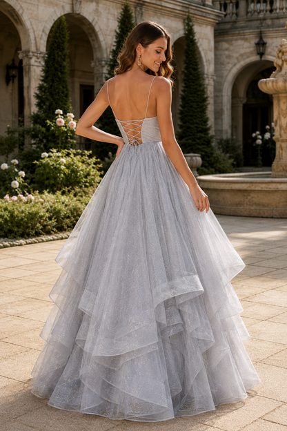 Arisette A Line V Neck Floor Length Tulle Prom Dress- Style in Silver - back view