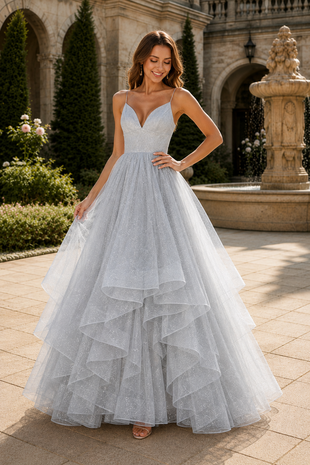 Arisette A Line V Neck Floor Length Tulle Prom Dress- Style in Silver - front view