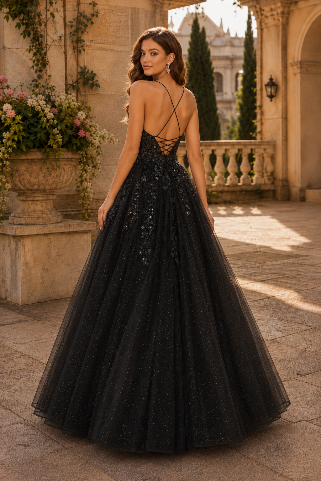 Aribelle A Line V Neck Tulle Prom Dress in Black - back view