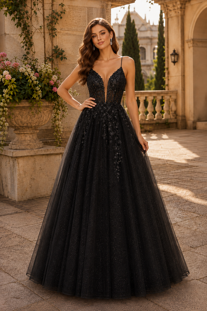 Aribelle A Line V Neck Tulle Prom Dress in Black - front view