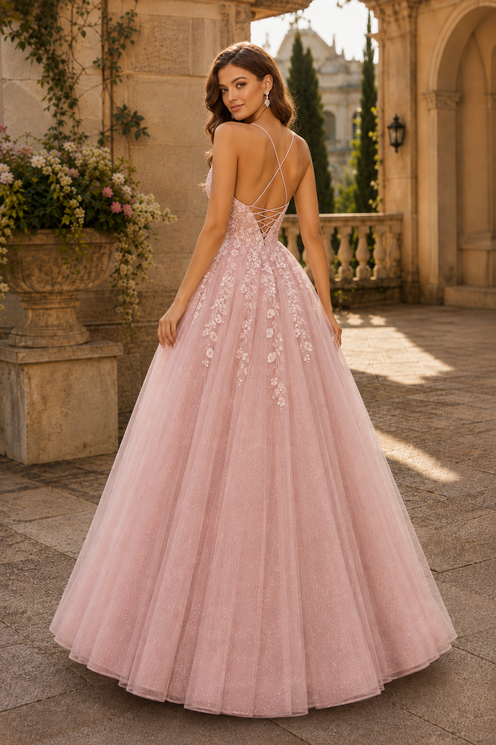 Aribelle A Line V Neck Tulle Prom Dress in Blush Pink - back view