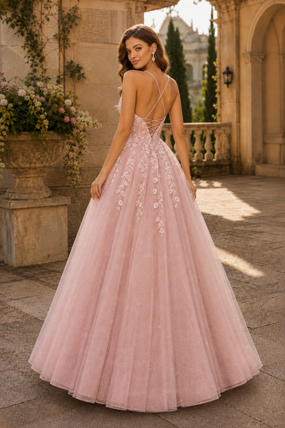 Aribelle A Line V Neck Tulle Prom Dress in Blush Pink - back view