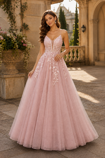 Aribelle A Line V Neck Tulle Prom Dress in Blush Pink - front view
