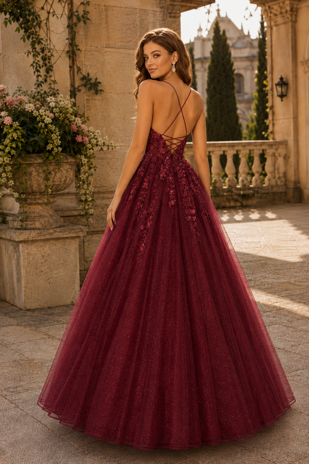 Aribelle A Line V Neck Tulle Prom Dress in Burgundy - back view
