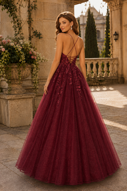 Aribelle A Line V Neck Tulle Prom Dress in Burgundy - back view