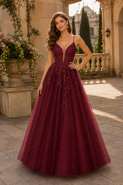 Aribelle A Line V Neck Tulle Prom Dress in Burgundy - front view