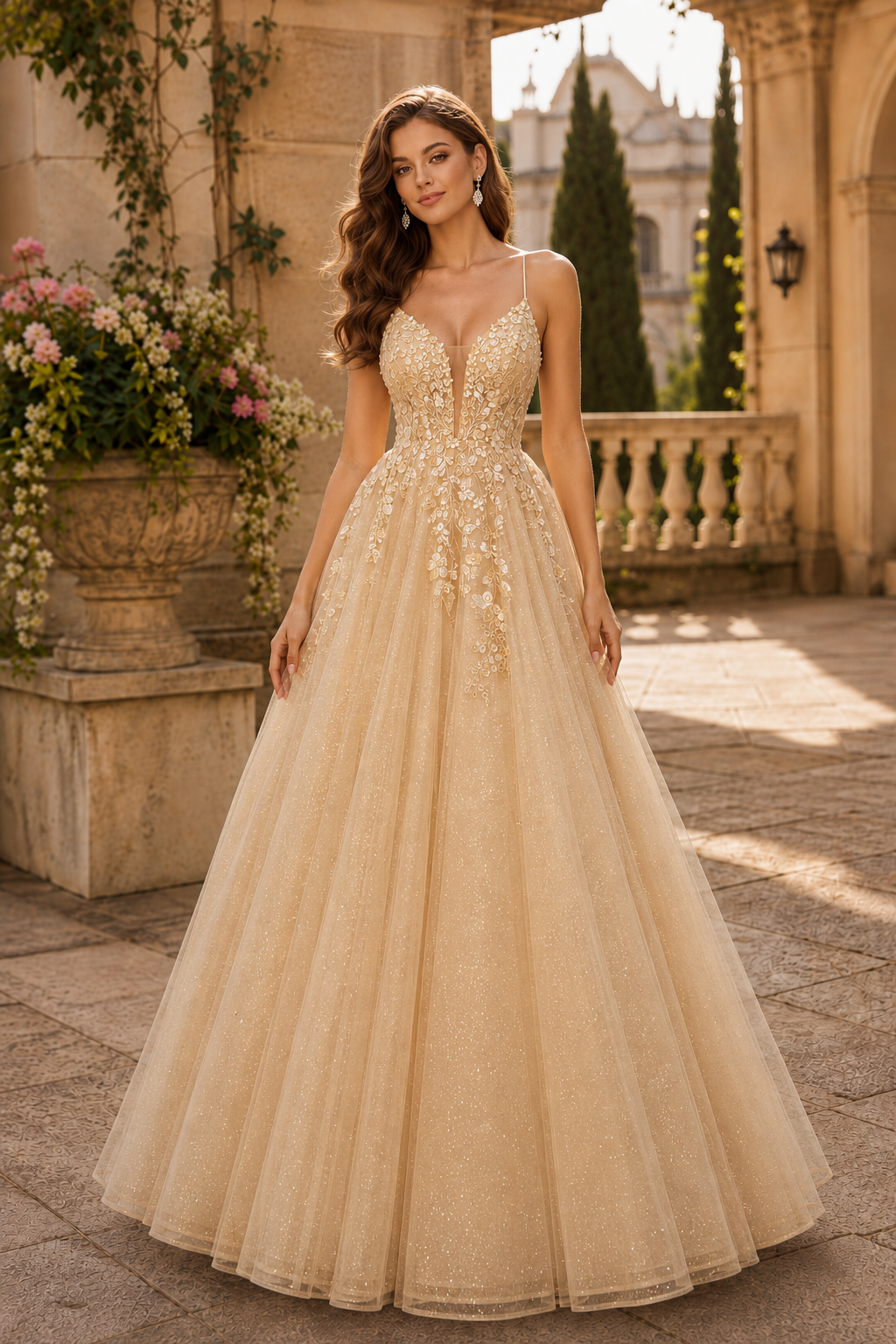 Aribelle A Line V Neck Tulle Prom Dress in Champagne - front view