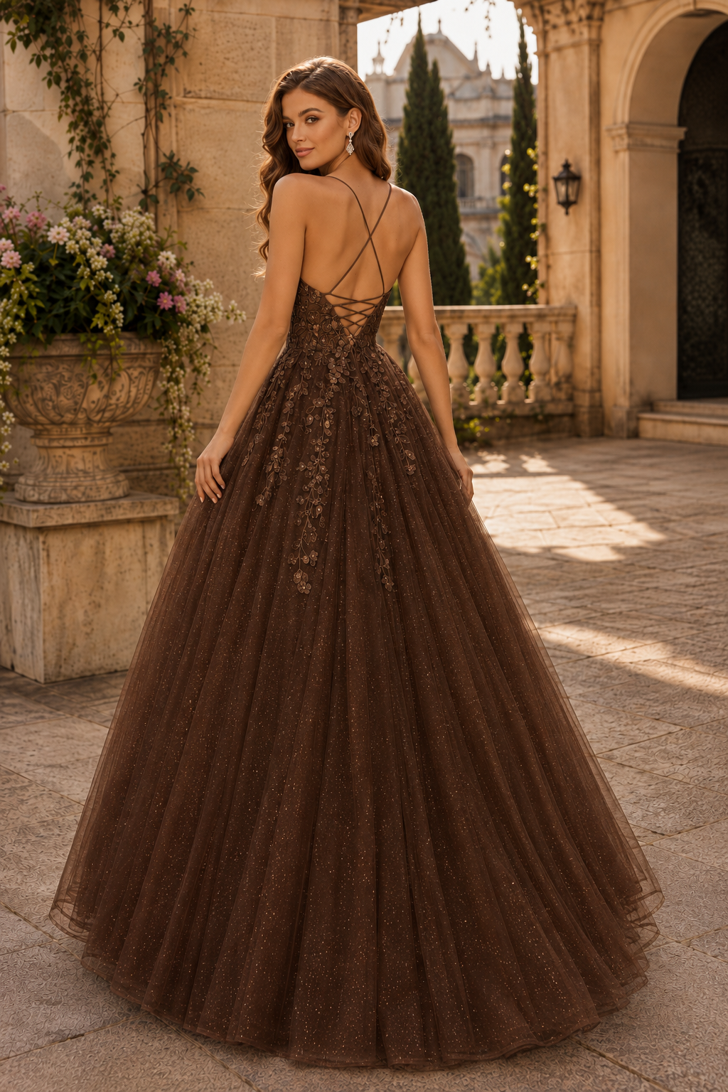 Aribelle A Line V Neck Tulle Prom Dress in Chocolate Brown - back view