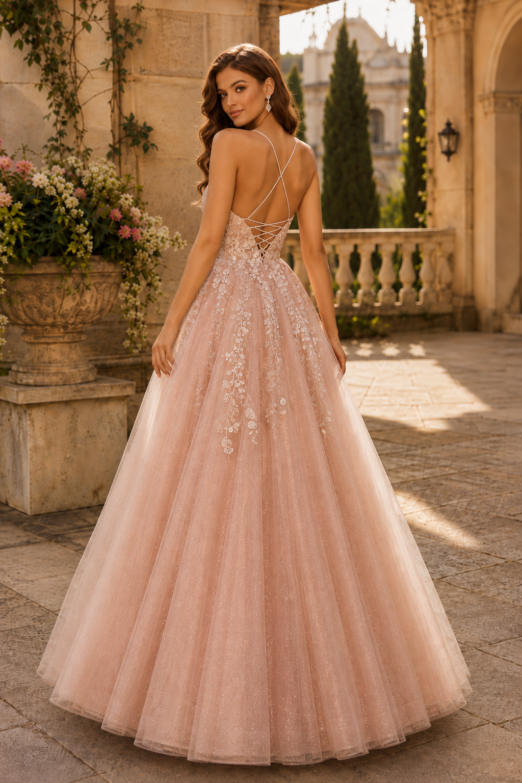Aribelle A Line V Neck Tulle Prom Dress in Dusty Rose - back view