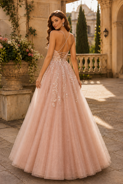 Aribelle A Line V Neck Tulle Prom Dress in Dusty Rose - back view