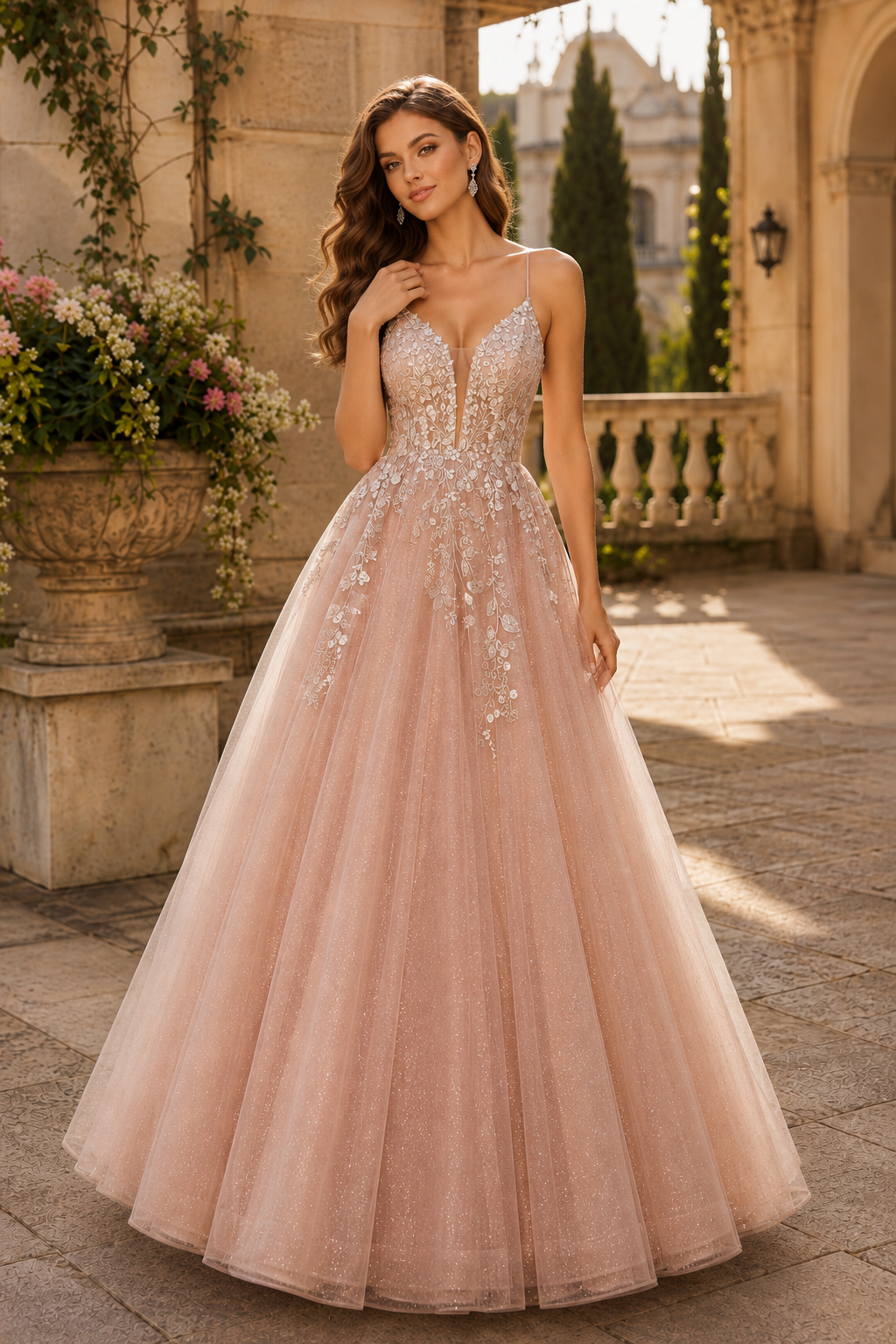 Aribelle A Line V Neck Tulle Prom Dress in Dusty Rose - front view