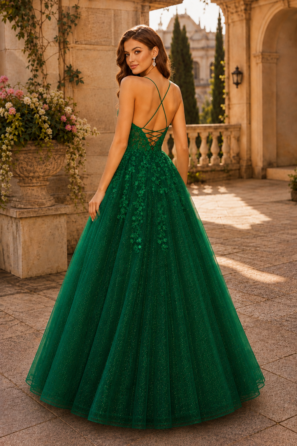 Aribelle A Line V Neck Tulle Prom Dress in Emerald Green - back view