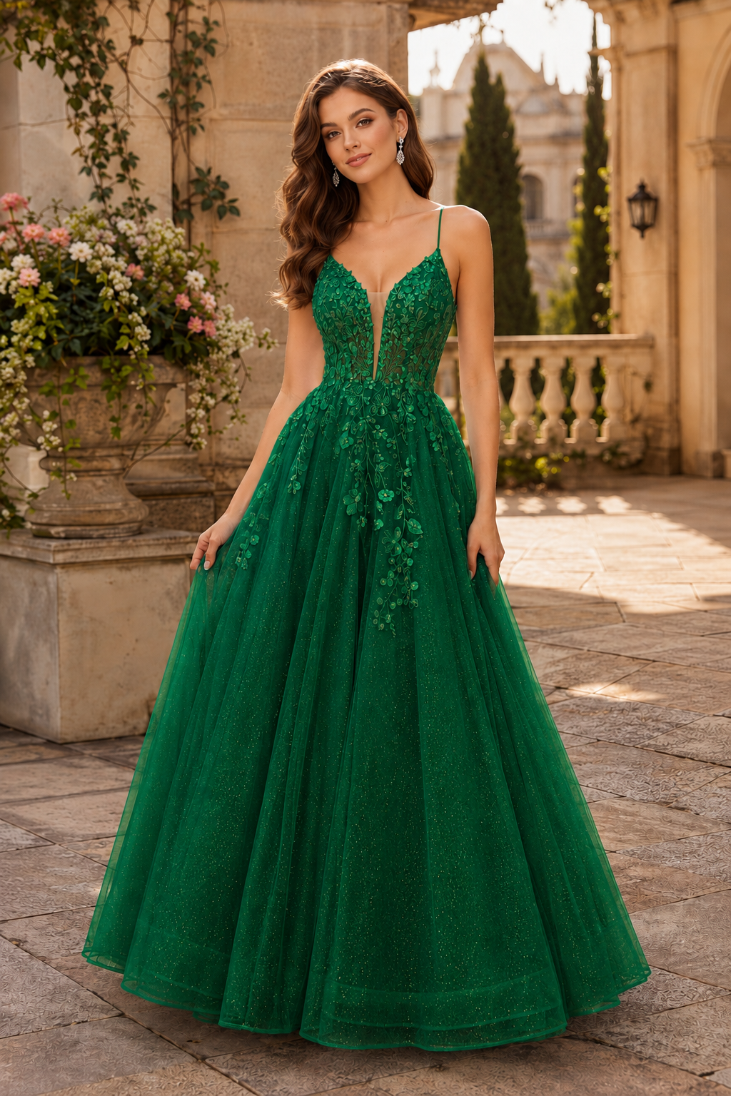 Aribelle A Line V Neck Tulle Prom Dress in Emerald Green - front view