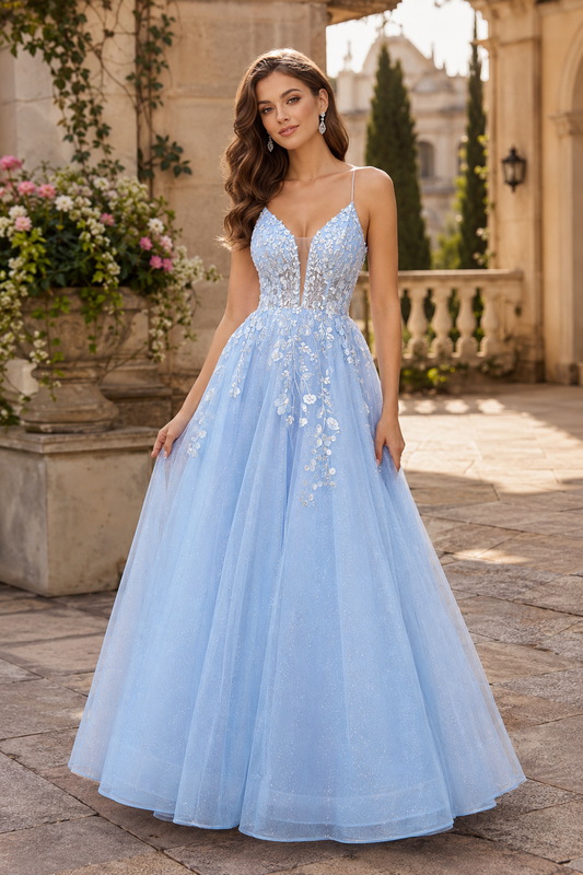 Aribelle A Line V Neck Tulle Prom Dress - front view