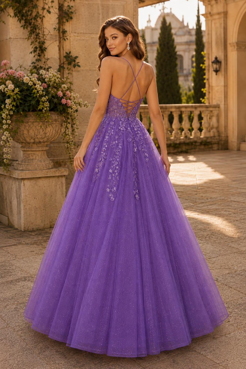 Aribelle A Line V Neck Tulle Prom Dress in Purple - back view
