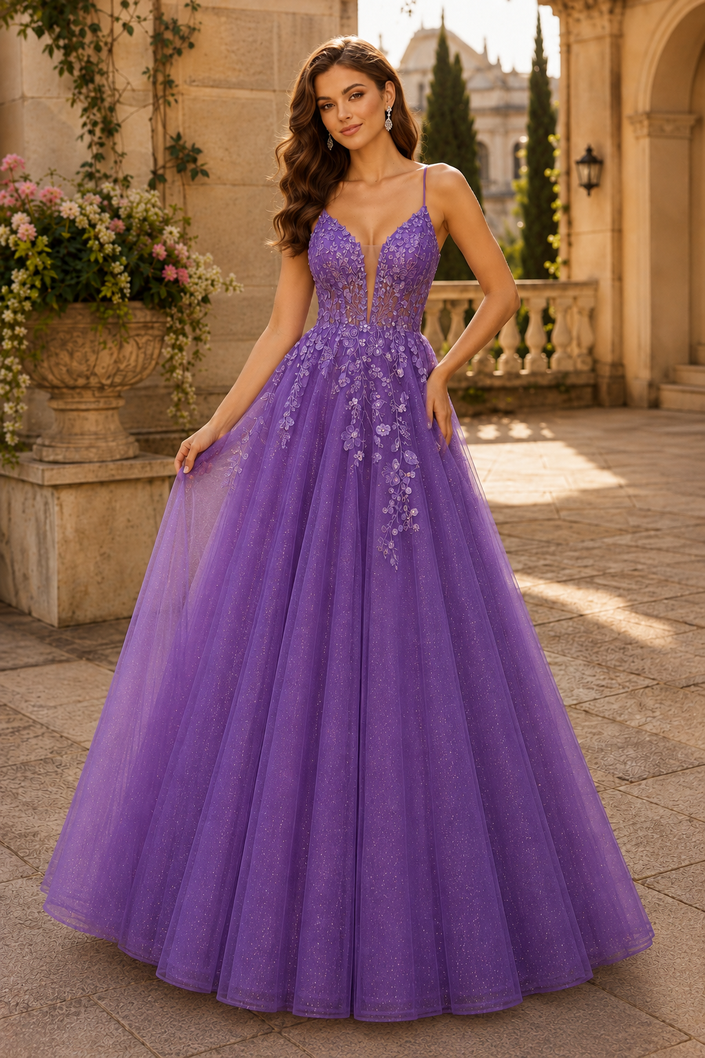 Aribelle A Line V Neck Tulle Prom Dress in Purple - front view