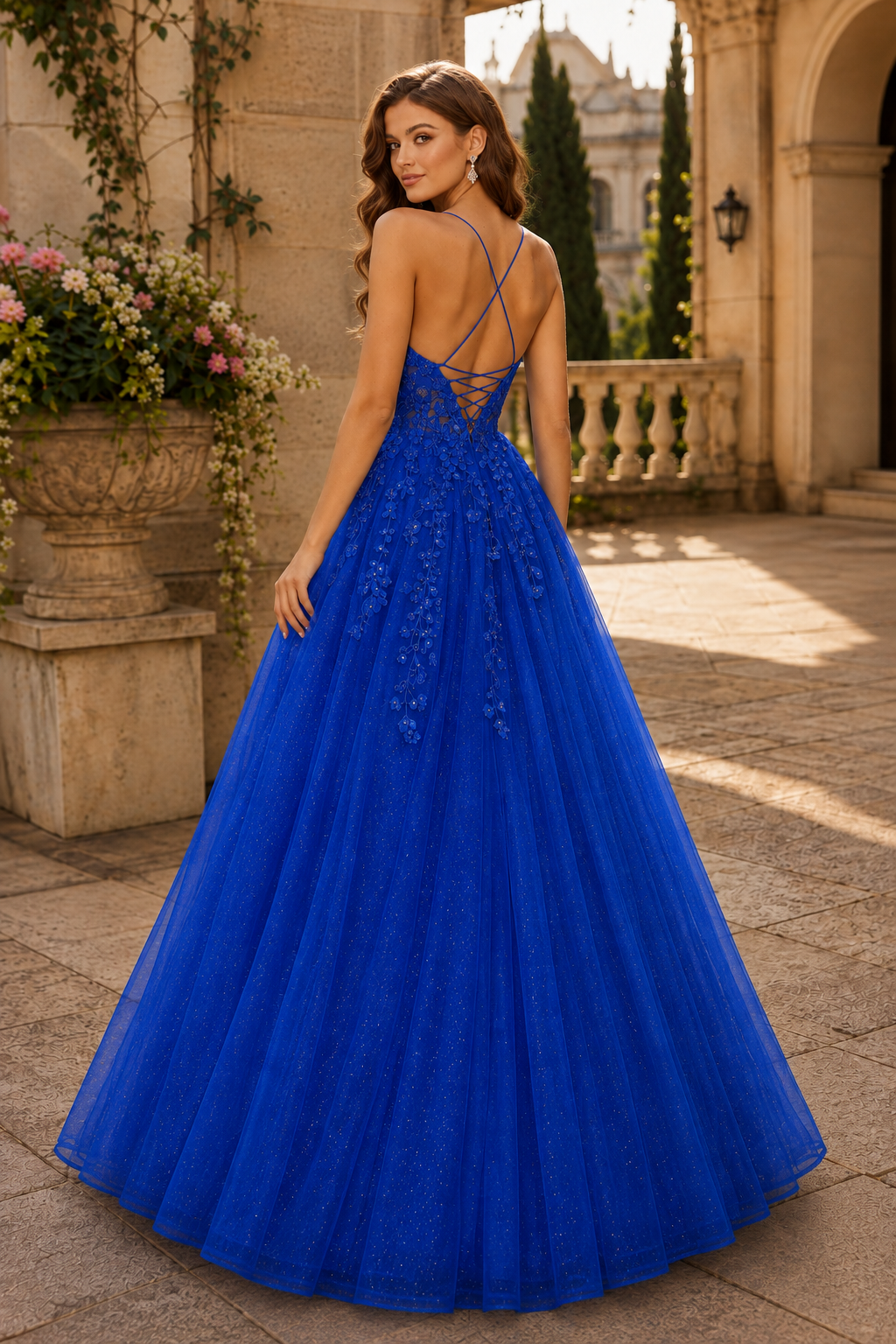 Aribelle A Line V Neck Tulle Prom Dress in Royal Blue - back view