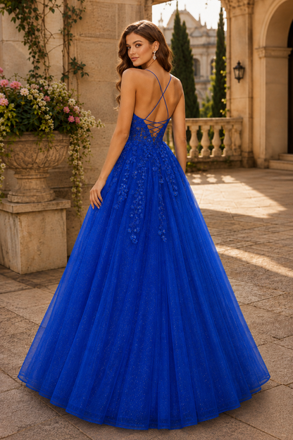 Aribelle A Line V Neck Tulle Prom Dress in Royal Blue - back view