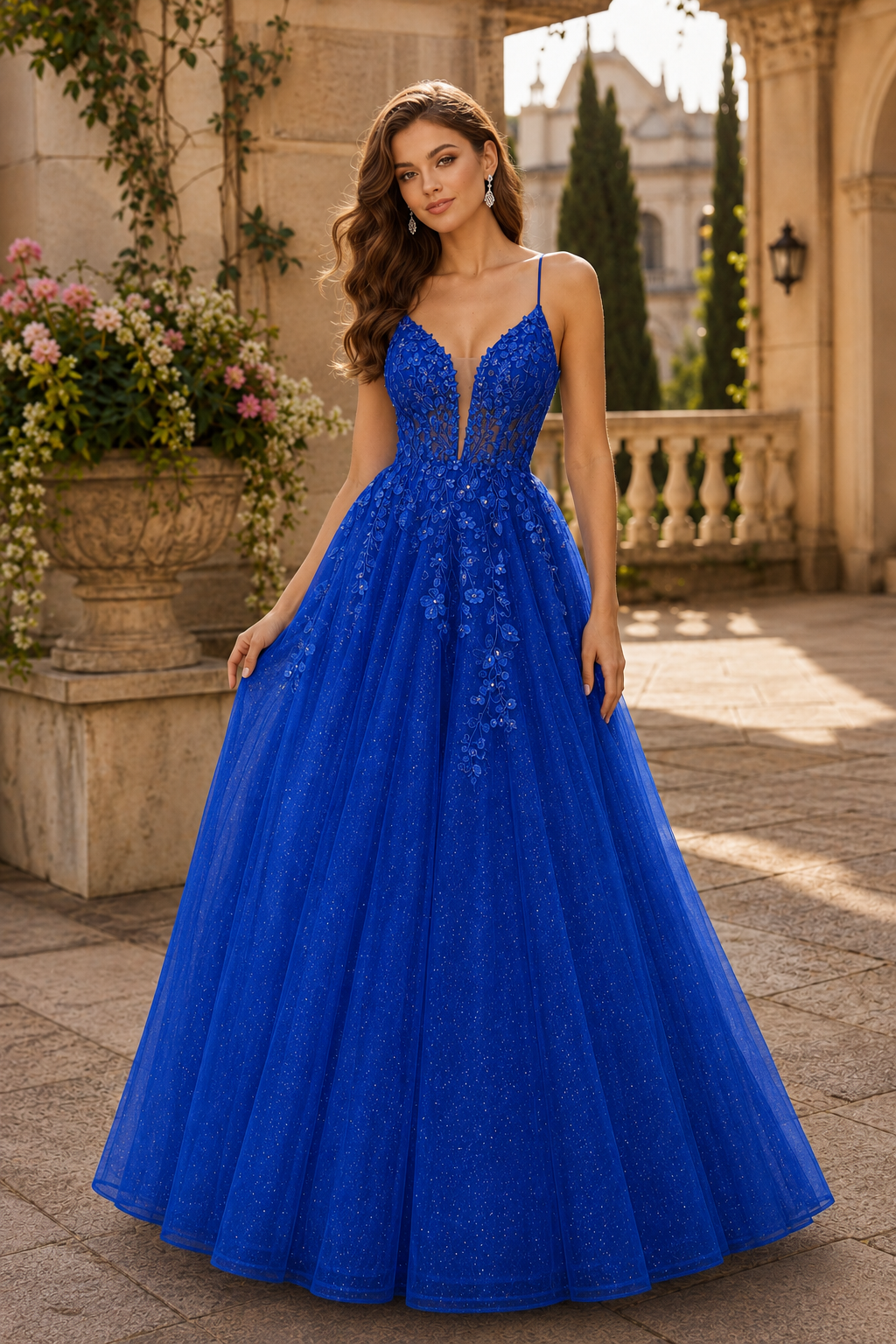 Aribelle A Line V Neck Tulle Prom Dress in Royal Blue - front view