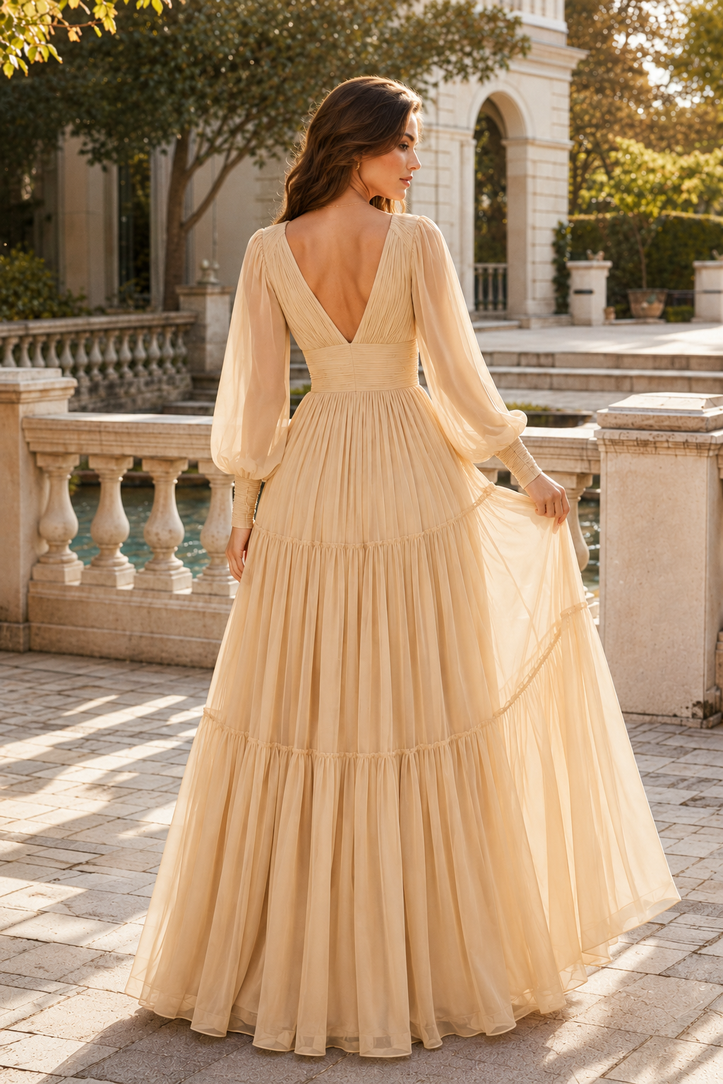 Celdora A Line V Neck Full Long Sleeve Floor Length Chiffon Prom Dress in Champagne - front view