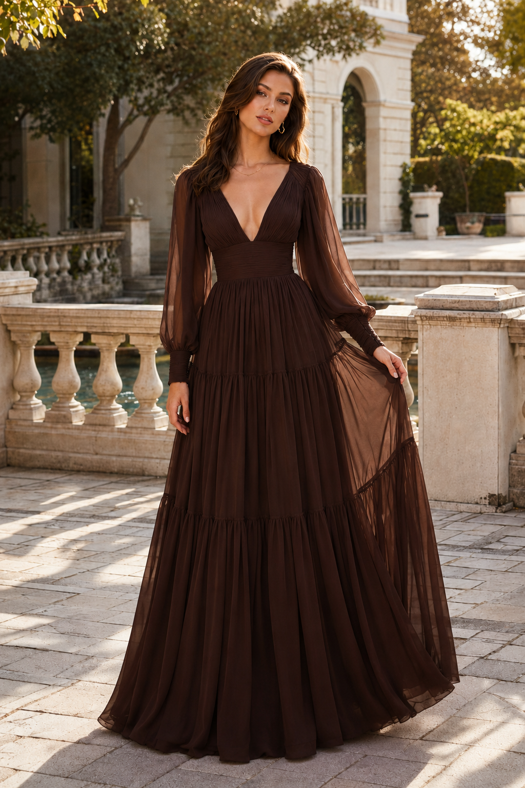 Celdora A Line V Neck Full Long Sleeve Floor Length Chiffon Prom Dress in Chocolate Brown - back view