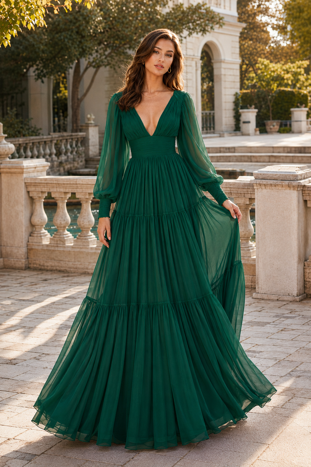 Celdora A Line V Neck Full Long Sleeve Floor Length Chiffon Prom Dress in Emerald Green - back view