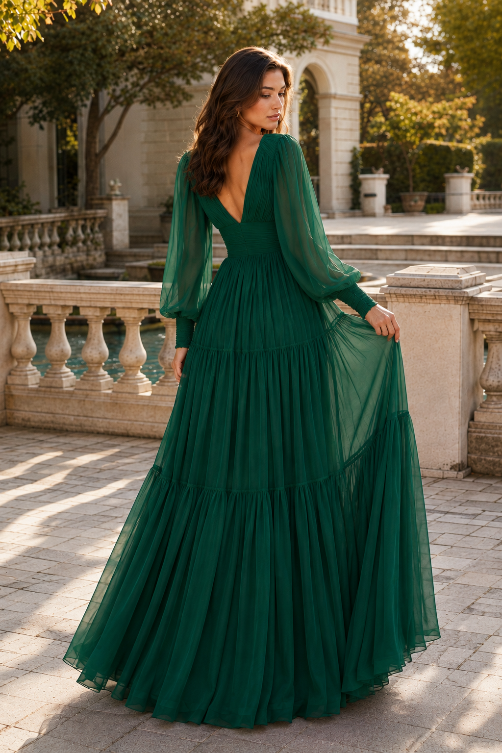Celdora A Line V Neck Full Long Sleeve Floor Length Chiffon Prom Dress in Emerald Green - front view