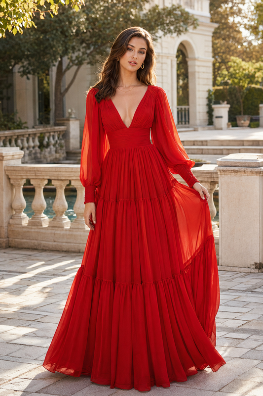 Celdora A Line V Neck Full Long Sleeve Floor Length Chiffon Prom Dress - front view