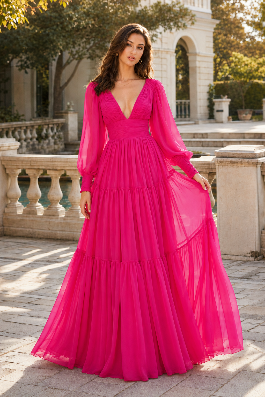 Celdora A Line V Neck Full Long Sleeve Floor Length Chiffon Prom Dress in Fuchsia - back view