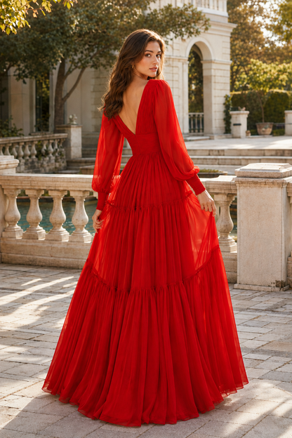 Celdora A Line V Neck Full Long Sleeve Floor Length Chiffon Prom Dress in Fuchsia - front view