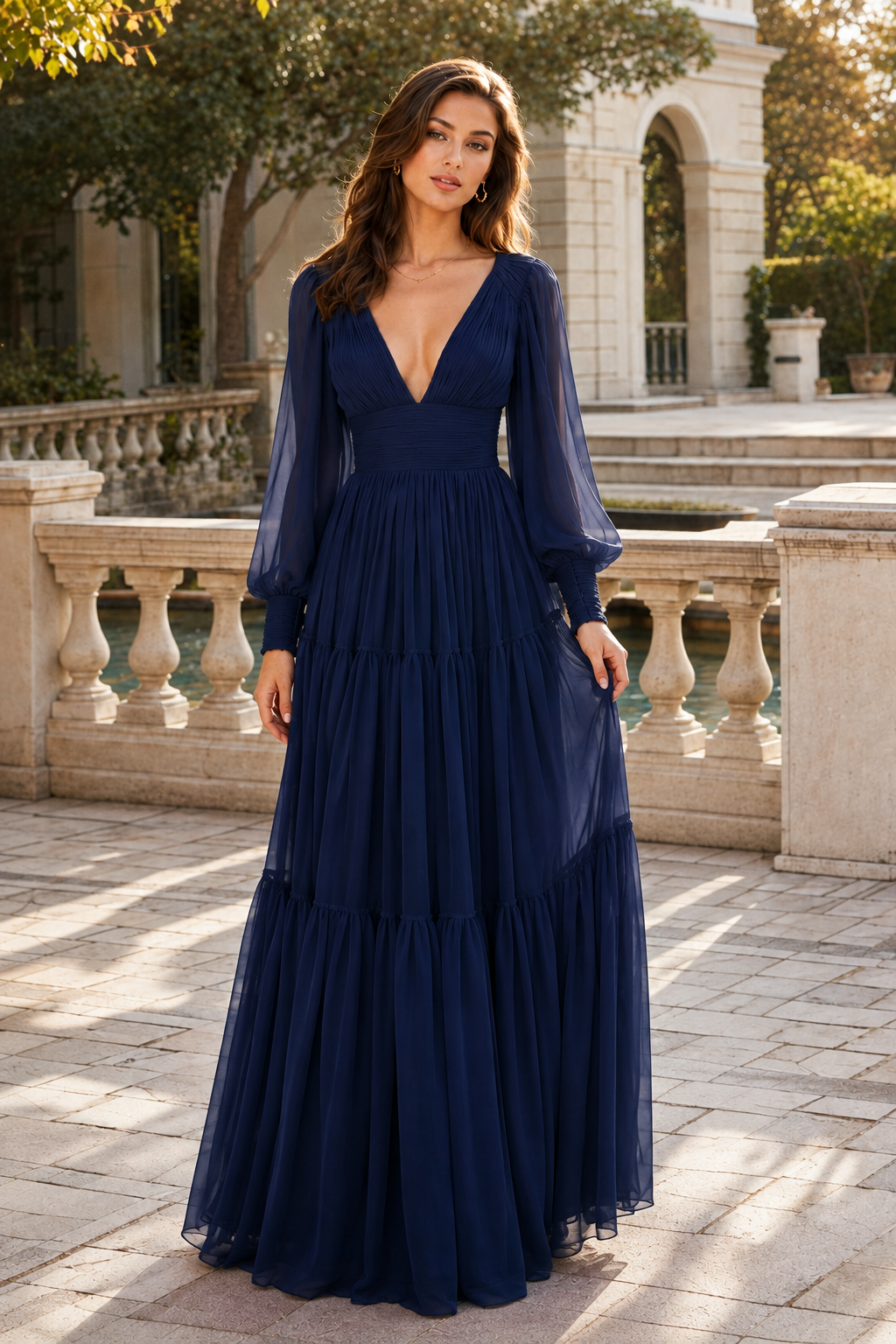 Celdora A Line V Neck Full Long Sleeve Floor Length Chiffon Prom Dress in Navy Blue - back view