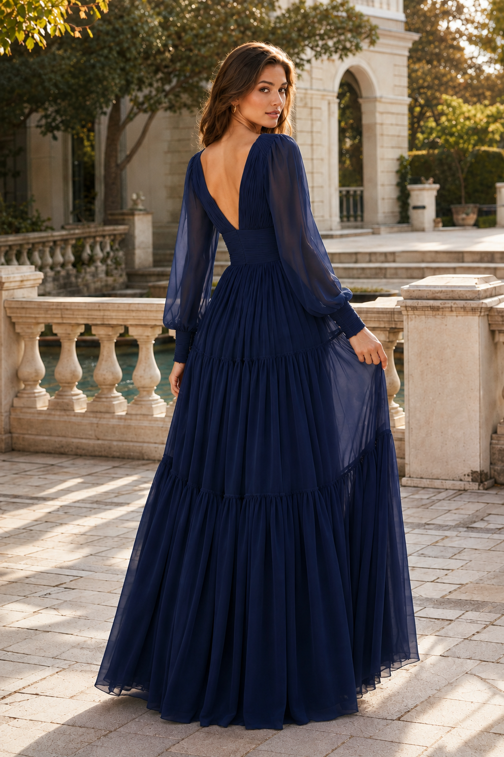 Celdora A Line V Neck Full Long Sleeve Floor Length Chiffon Prom Dress in Navy Blue - front view