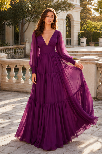Celdora A Line V Neck Full Long Sleeve Floor Length Chiffon Prom Dress in Purple - back view