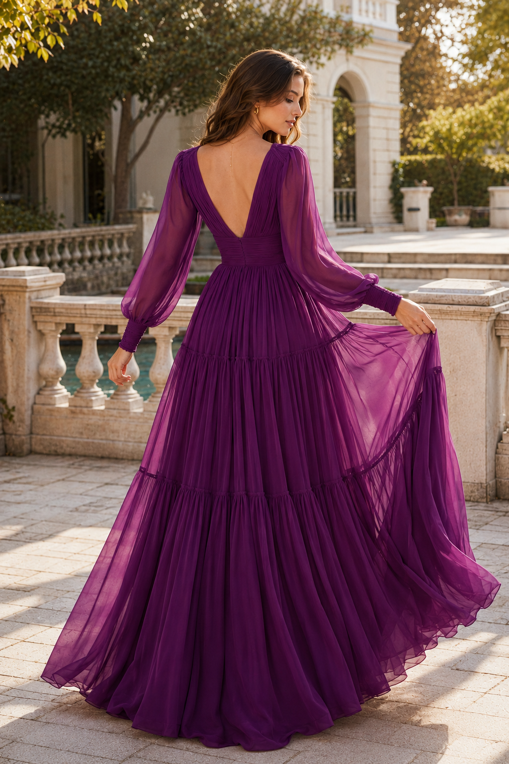 Celdora A Line V Neck Full Long Sleeve Floor Length Chiffon Prom Dress in Purple - front view